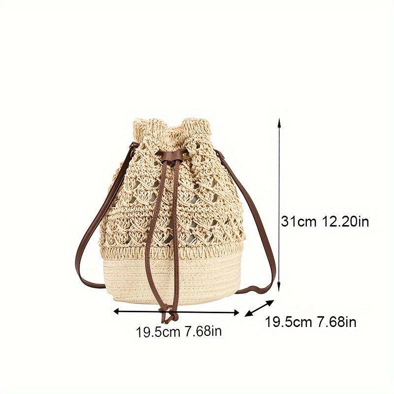Straw Woven Drawstring Bucket Bag - Summer Beach Casual Handbag & Purse