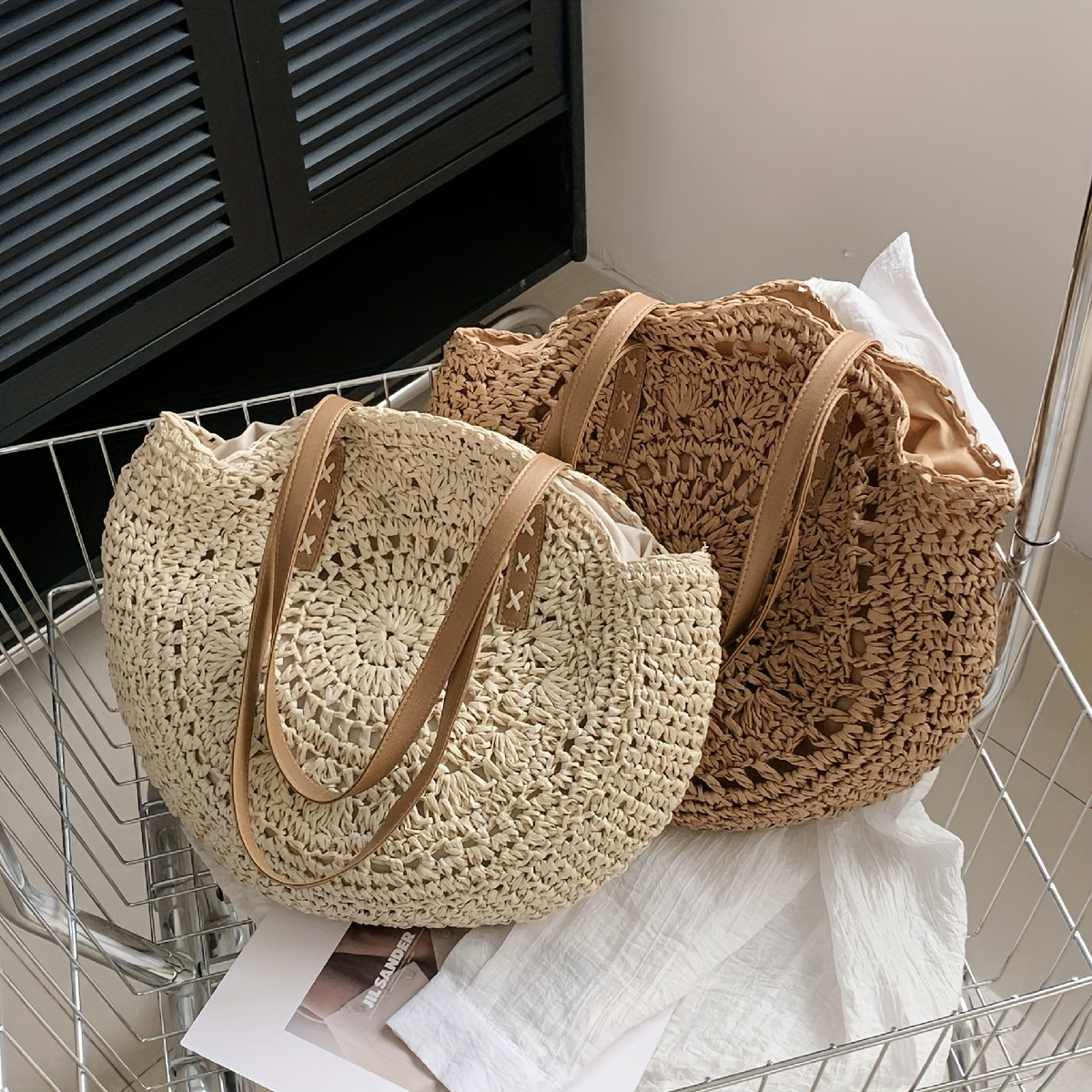 Woven Straw Round Handbags - Hollow Out Summer Beach Large Capacity Bag