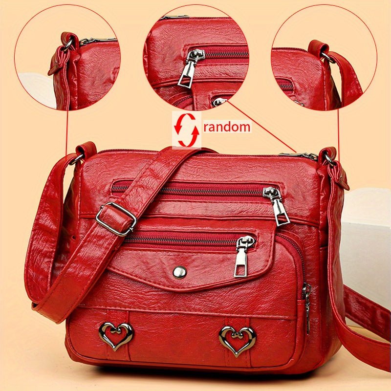 Retro Multi-Pockets Crossbody Bag - Soft Faux Leather Heart Decor Purse