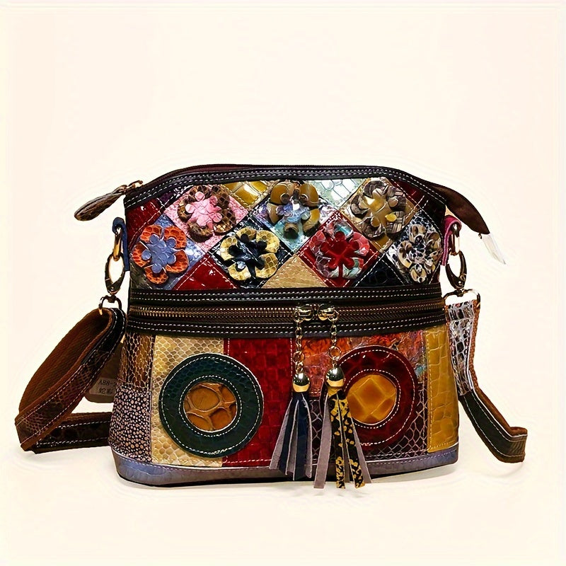 Vintage Genuine Leather Crossbody Bag - Snakeskin Colorblock Bohemian Purse