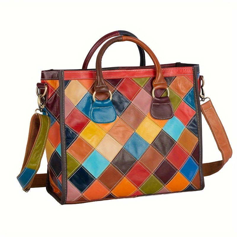 Colorblock Stitching Tote Bag - Luxury Genuine Leather Large Capacity Shoulder Bag