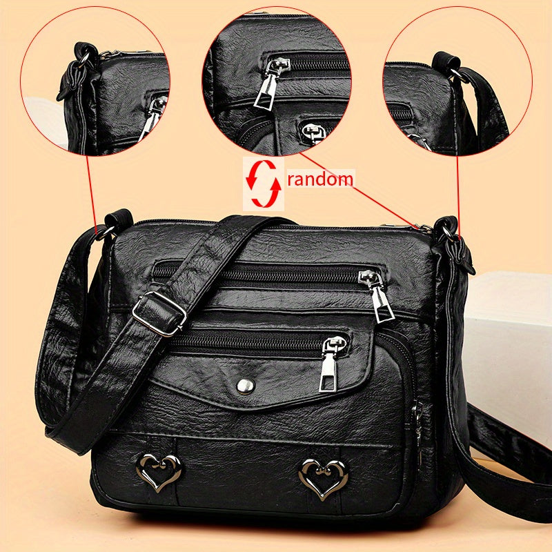 Retro Multi-Pockets Crossbody Bag - Soft Faux Leather Heart Decor Purse